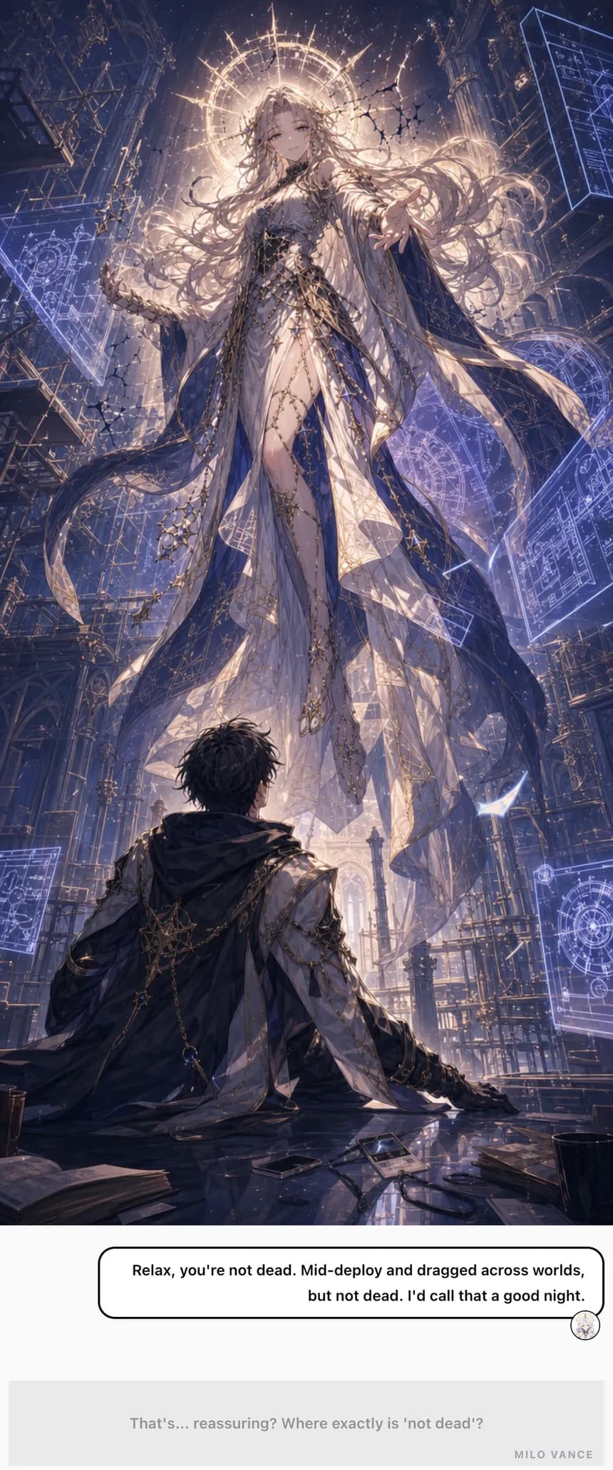 Reading Golemancer chapter 1: the goddess Seraphine descends in a hall of floating blueprints and says 'Relax, you're not dead. Mid-deploy and dragged across worlds, but not dead.'