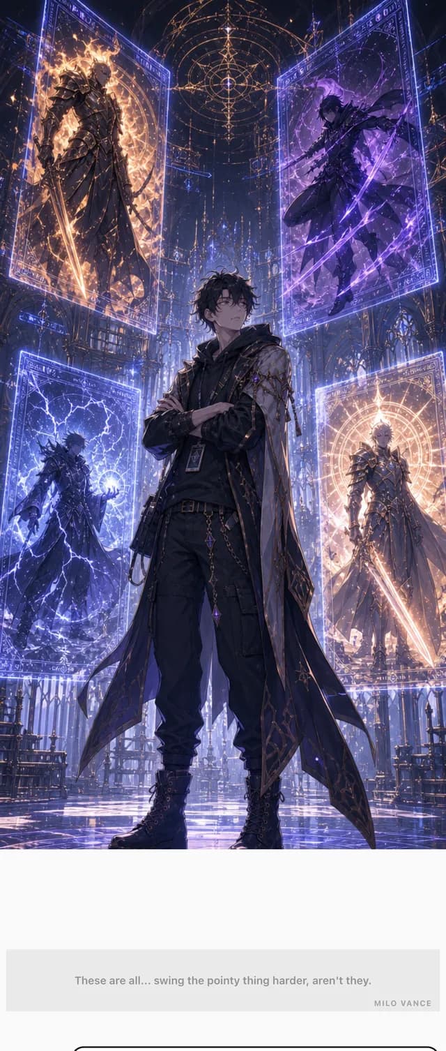 Reading Golemancer chapter 1: Milo Vance stands in a ring of glowing class panels and deadpans 'These are all... swing the pointy thing harder, aren't they.'