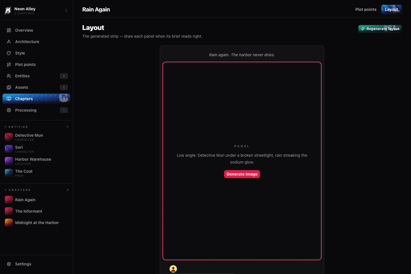 Mythaira studio chapter layout screen